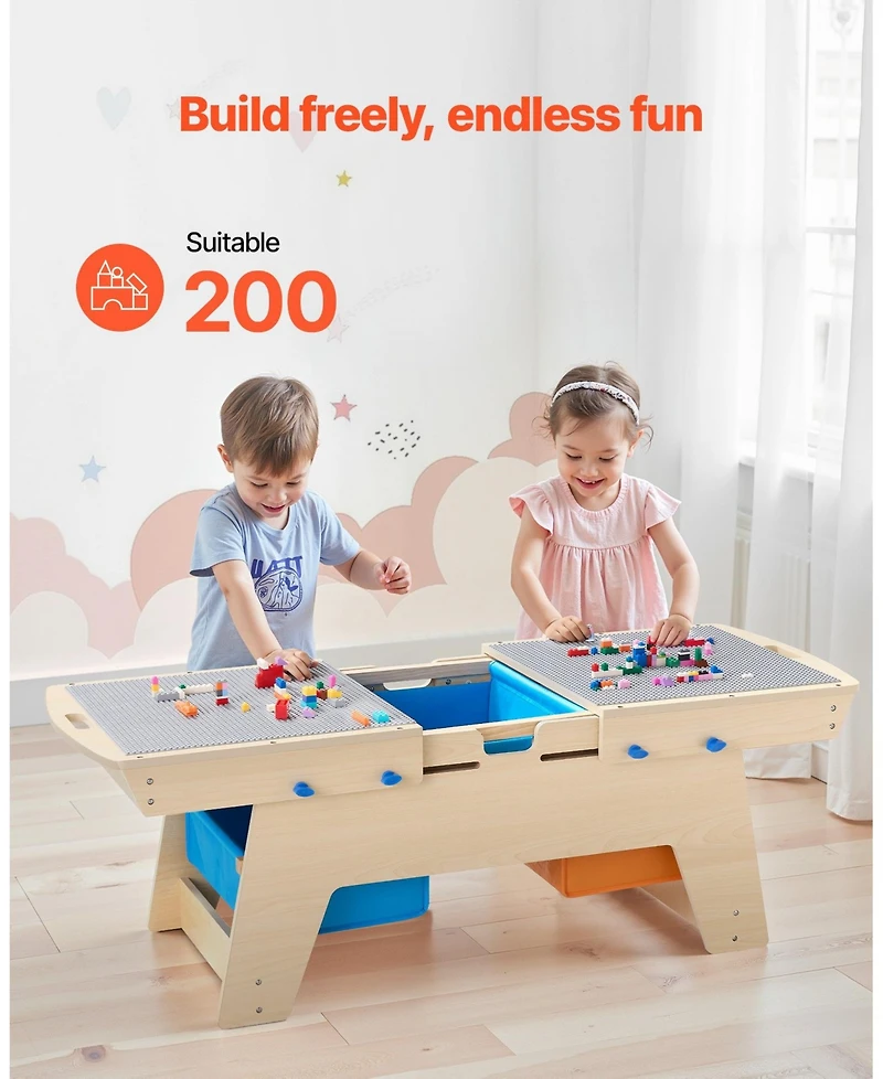 Mecale Kids Reversible Wooden Activity Table w/ 200 Bricks & 3 Storage Bins, Ages 3+