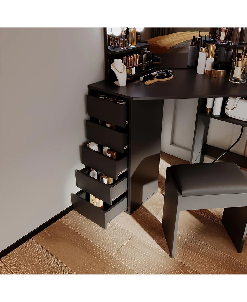 gaomon Corner Vanity and Stool, Desk with Mirror Lights, Makeup Power Outlet