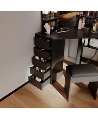 gaomon Corner Vanity and Stool, Desk with Mirror Lights, Makeup Power Outlet