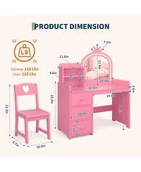 gaomon Kids Vanity with Lights – 2-in-1 Princess Makeup Toddler Table Stool & Drawers, Wooden Girls Desk for Pretend Play