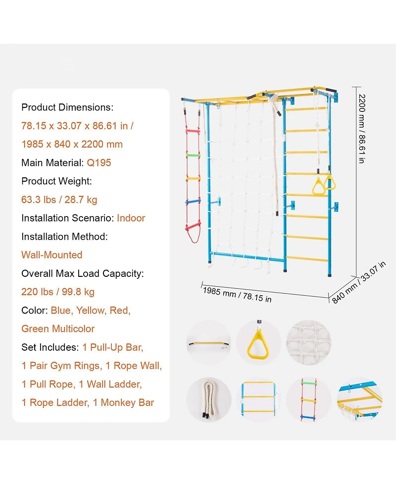 Mecale 7-in-1 Indoor Jungle Gym w/ Ladder, Pull-Up Bar, Rope & Rings