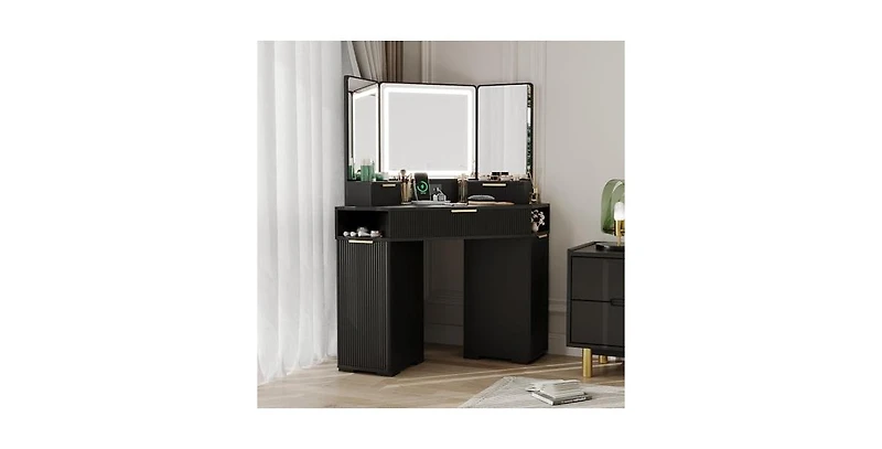 gaomon Lighted Mirror Corner Vanity Desk with Charging Station – Fluted Design, 3 Drawers, Cabinets & Open Shelves