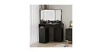 gaomon Lighted Mirror Corner Vanity Desk with Charging Station – Fluted Design, 3 Drawers, Cabinets & Open Shelves
