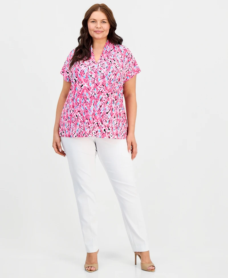 Kasper Plus Printed Pleated Funnel-Neck Top