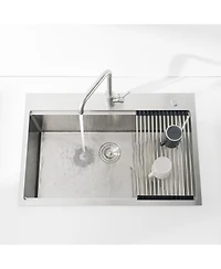 flynama 33inch Overmount Single Bowl Brushed 304 Stainless Steel Kitchen Sink Ss-BR01D-332208 with Cutting Board Roll out Basket