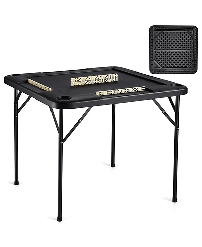 Mecale Folding Mahjong Table for 4 Players with Cup Holders & Chip Trays, Portable Square Card Table, Black