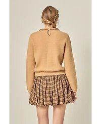 English Factory Women's Sheer Floral Bow Trim Sweater