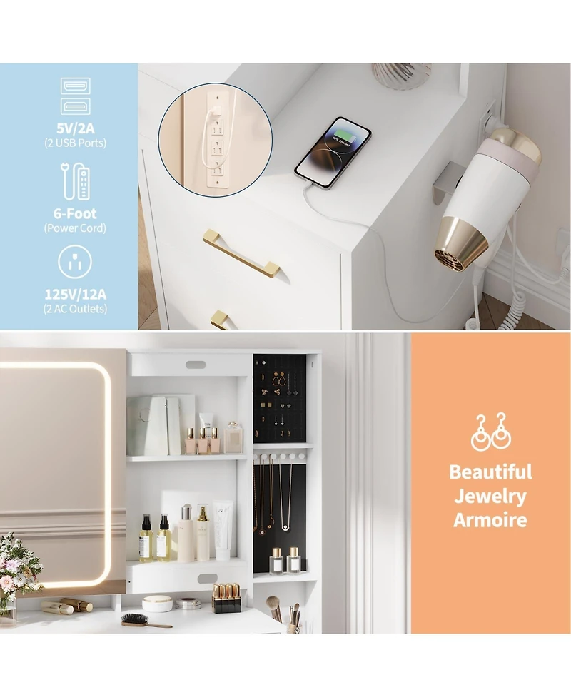 gaomon Vanity Desk with Mirror and Lights, Makeup Vanity Set with 5 Drawers, Stool, Power Outlet