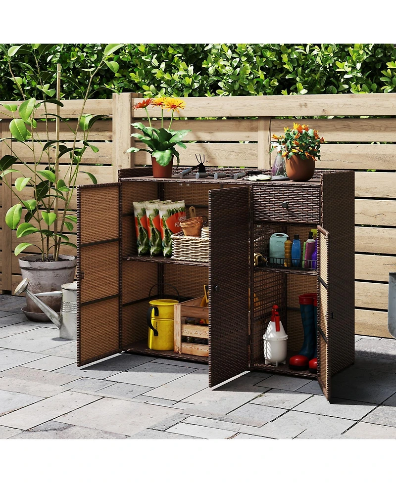 Slickblue Outdoor Wicker Storage Cabinet with Three Doors for Patio