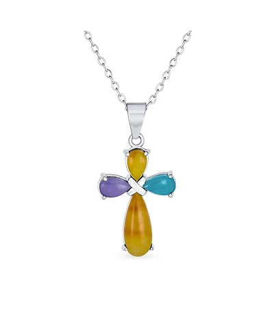 Bling Jewelry Cabochon Multi Color Jade Cross Pendant Necklace .925 Sterling Silver