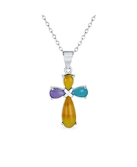 Bling Jewelry Cabochon Multi Color Jade Cross Pendant Necklace .925 Sterling Silver