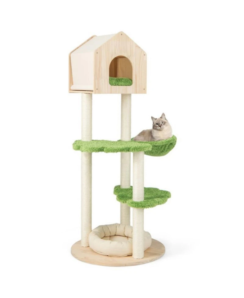 Aostirmotor 55" Tall Multi-level Cat Tower with Scratching Posts and Soft Cat Bed in Green