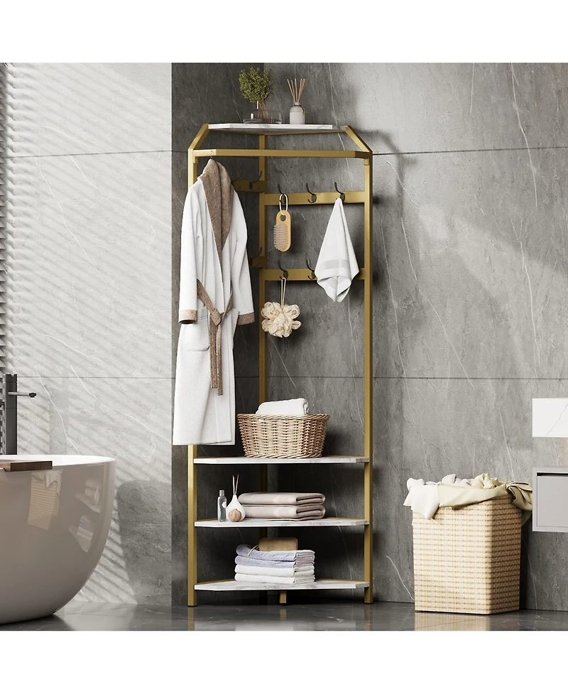 gaomon Corner Coat Rack With Shoe Bench and 6 Double Hooks, Corner Hall Tree - Clothes Rack With Storage Hall Tree With Organizer Shelf