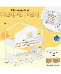 Costway Twin Over Twin Bunk Bed for Kids with Roof Lockable Window Storage Box Wood Slats