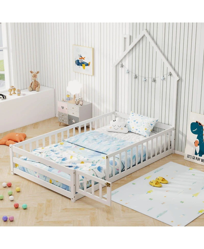 Costway Twin Montessori Floor Bed for Toddler with Lockable Door Full-Length Guardrail