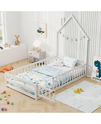 Costway Twin Montessori Floor Bed for Toddler with Lockable Door Full-Length Guardrail