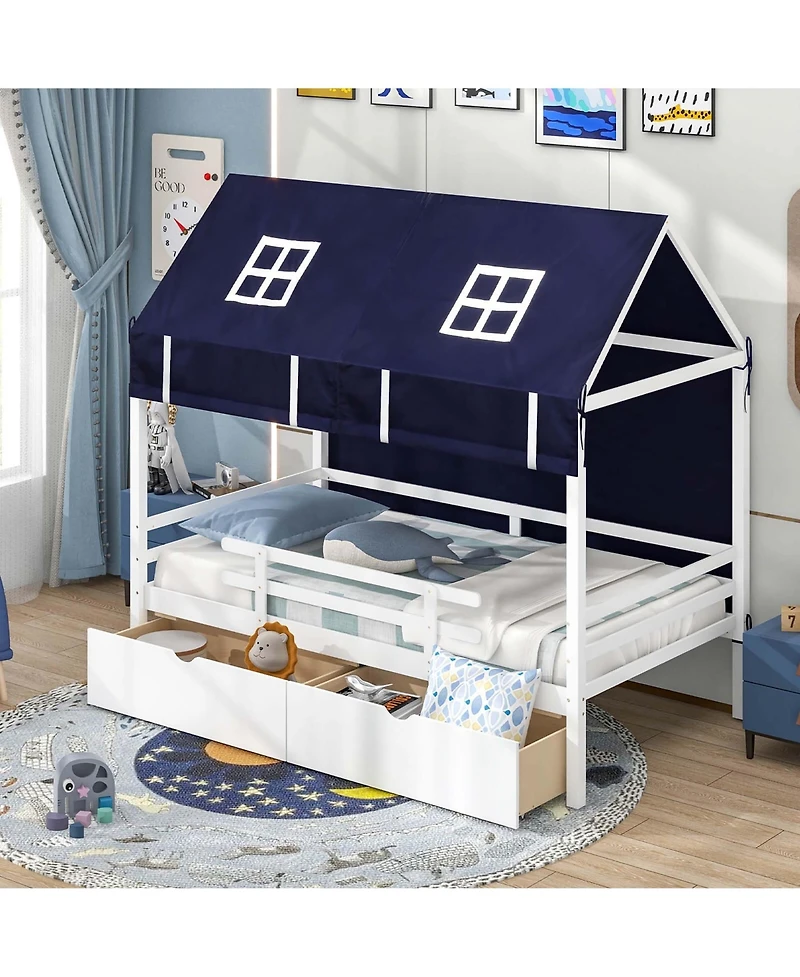 Costway Twin House Bed Solid Wood Playhouse Bed Low Loft Bed with Tent 2 Storage Drawers