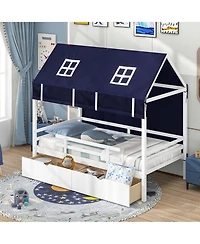 Costway Twin House Bed Solid Wood Playhouse Bed Low Loft Bed with Tent 2 Storage Drawers