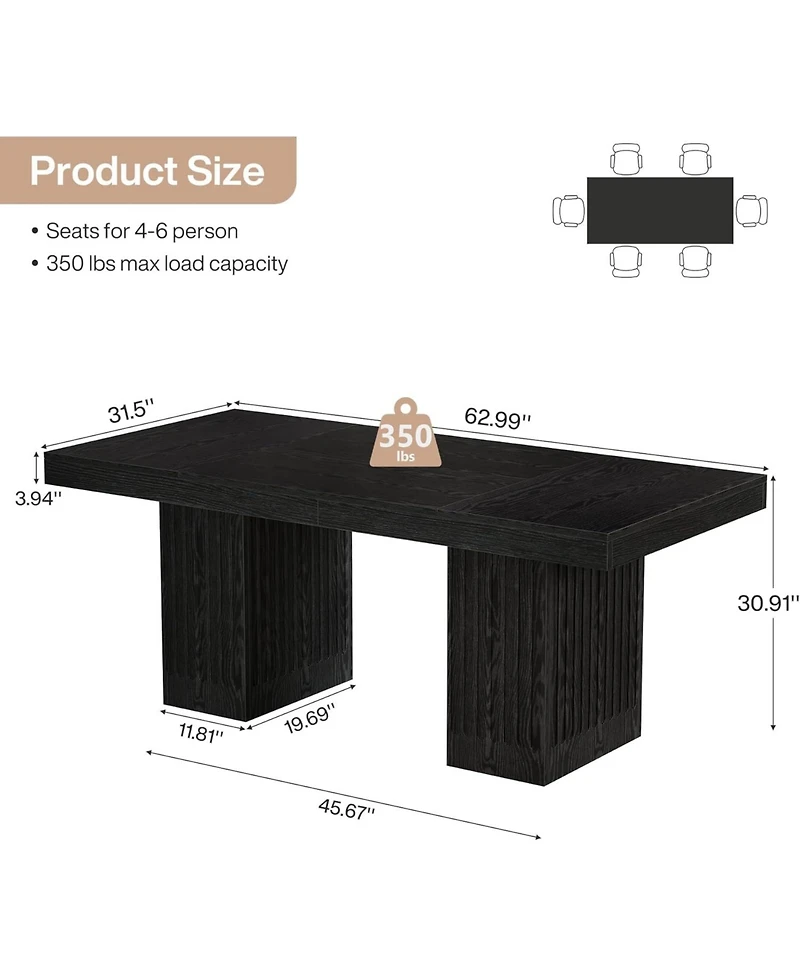 Tribesigns Dining Table for 4-6 People, 63 Inch Modern Rectangle Kitchen Table with Pedestal Base, Large Dinner Furniture, Black