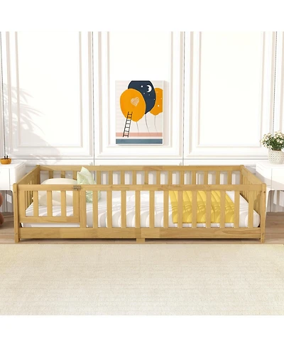 Streamdale Furniture Twin Floor Bed with Fence & Door Natural Wood
