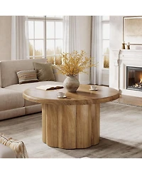 Tribesigns 31.5" Round Coffee Table for Living Room, Farmhouse Circle Center Cocktail Table with Fluted Drum Base, Wooden Living Room Furniture
