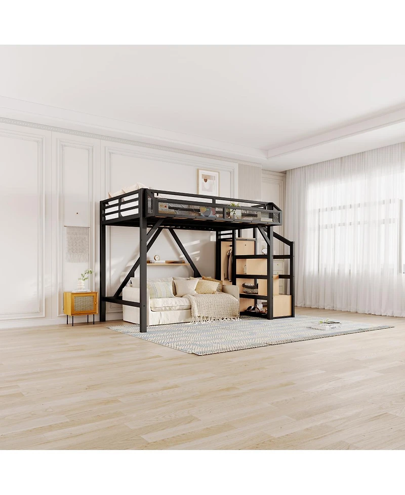Streamdale Furniture Twin Xl Loft Bed with Storage Stairs, Shelves, Wardrobe, Usb, Led Lights