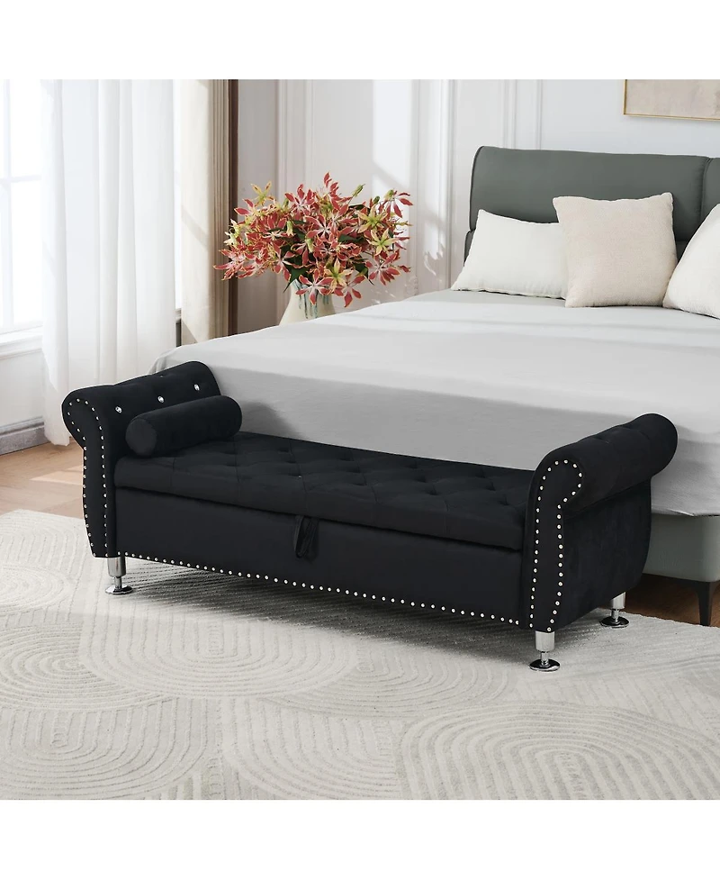 Streamdale Soft Velvet Storage Bench with Crystal Buttons & Pillow (Black)