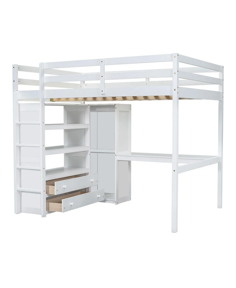 Streamdale Furniture Wood Full Size Loft Bed with Built-in Wardrobe, Desk, Storage Shelves and Drawers