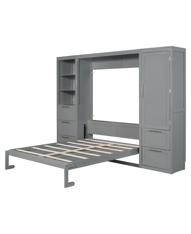 Streamdale Furniture Queen Size Murphy Bed Wall Bed with Closet, Drawers and Shelves, Gray