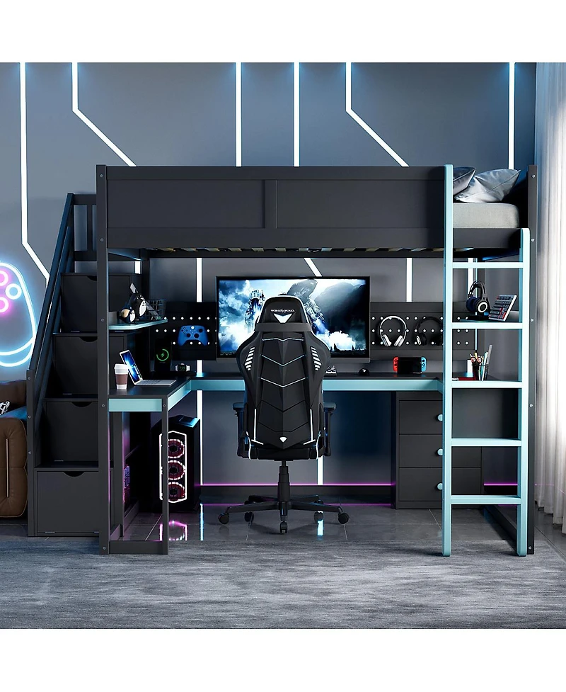 Streamdale Furniture Full Size Wooden Gaming Loft Bed with Storage Stairs, Desk, Shelves & Pegboard, Black+Blue