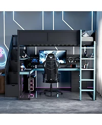 Streamdale Furniture Full Size Wooden Gaming Loft Bed with Storage Stairs, Desk, Shelves & Pegboard, Black+Blue