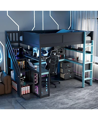Streamdale Furniture Full Size Wooden Gaming Loft Bed with Storage Stairs, Desk, Shelves & Pegboard, Black+Blue