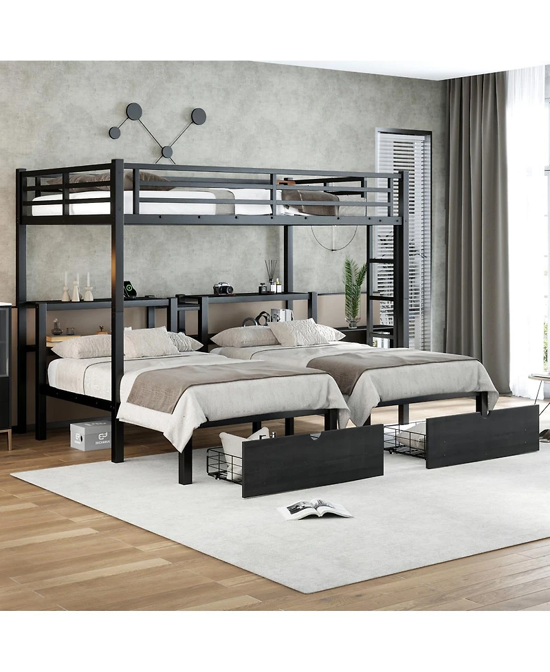 Streamdale Furniture Over Twin & Twin Triple Bunk Bed with Drawers & Usb