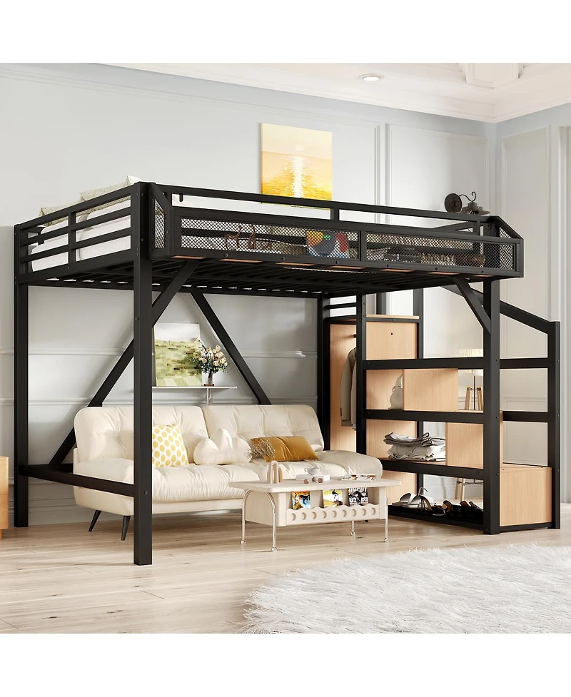 Streamdale Furniture Full Loft Bed with Storage Stairs, Shelves, Wardrobe, Usb, Led, Noise-Reduced
