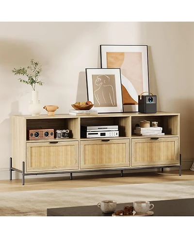 gaomon Rattan Tv Stand for 75" TVs, Modern Entertainment Center with 3 Drawers, Wood Console with Metal Legs, Oak