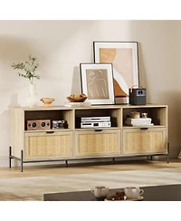 gaomon Rattan Tv Stand for 75" TVs, Modern Entertainment Center with 3 Drawers, Wood Console with Metal Legs, Oak