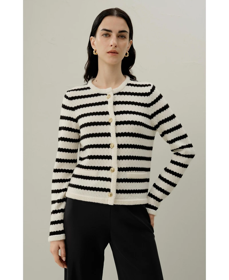 Lilysilk Women's Stripped Crochet Washable-Wool Cardigan