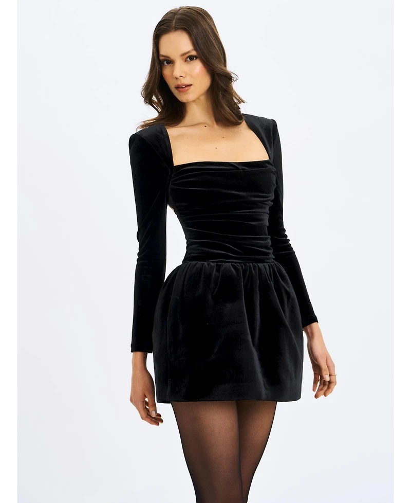Miss Circle Women's Catrina Black Velvet Square Neck Bow-Tie Mini Dress