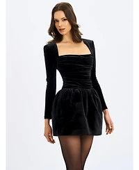 Miss Circle Women's Catrina Black Velvet Square Neck Bow-Tie Mini Dress