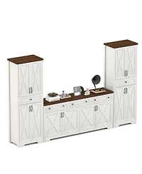 Streamdale Furniture Tv Cabinet Set: 113.5"W Wall Unit with 2 Sideboards, White/Walnut