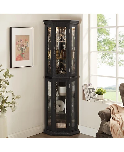 Streamdale Furniture Streamdale Lighted Corner Curio Cabinet with Tempered Glass Doors & Adjustable Shelving - Black