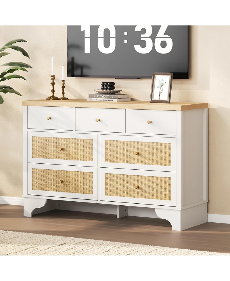 Gaomon 7 Drawer Dresser for Bedroom, 47.3" Wide Natural Rattan Chest of Drawers
