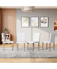 Streamdale Furniture 4-pack White Pu dining chairs, ergonomic buckle backrest, 35"H, silver legs.