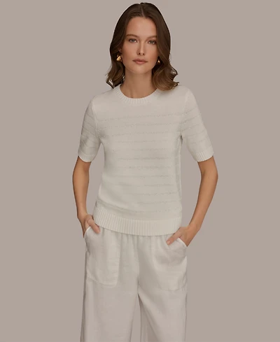 Donna Karan Weekend Women's Elbow-Sleeve Crew Neck Stripe Sequin Sweater