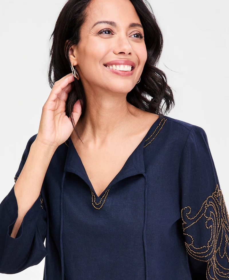 Jm Collection Women's Bead-Embellished Linen-Blend Top, Macy's Exclusive