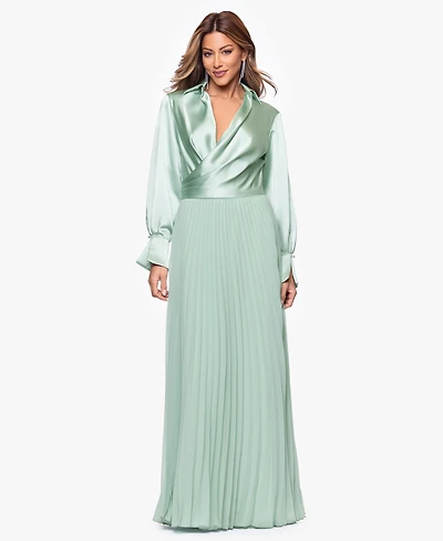Xscape Women's Long Satin Long-Sleeves Collared Ball Gown
