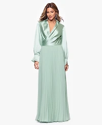 Xscape Women's Long Satin Long-Sleeves Collared Ball Gown