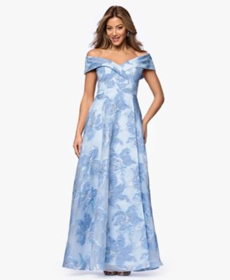 Xscape Womens Long Jacquard Printed Off The Shoulder Ball Gown