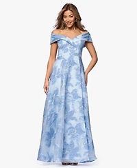 Xscape Womens Long Jacquard Printed Off The Shoulder Ball Gown