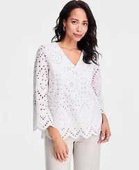 Jm Collection Women's Novelty Eyelet 3/4-Sleeve Top, Macy's Exclusive